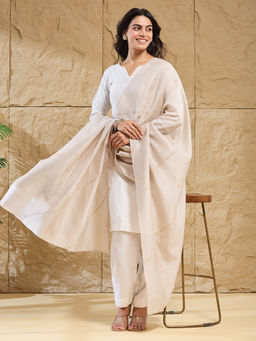 Fabindia - Beige Cotton Silk Embroidered Dupatta
