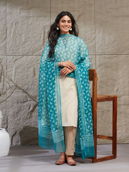 Fabindia - Teal Cotton Silk Hand Block Print Dupatta
