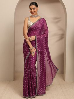Libas - Burgundy Floral Motif Printed Saree with Unstitched Blouse