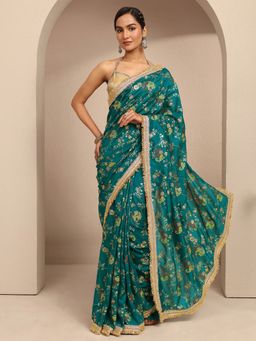 Libas - Blue Tribal Printed Saree with Unstitched Blouse