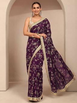 Libas - Burgundy Tribal Printed Saree with Unstitched Blouse