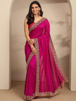 Libas - Pink Embellished Saree with Unstitched Blouse