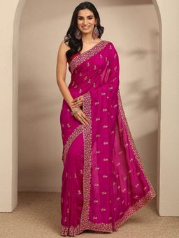 Libas - Pink Floral Zari Embroidered Saree with Unstitched Blouse
