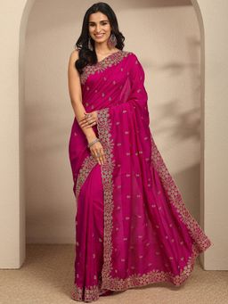 Libas - Pink Floral Zari Embroidered Saree with Unstitched Blouse