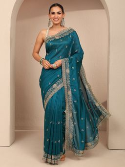 Libas - Teal Floral Zari Embroidered Saree with Unstitched Blouse