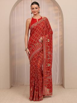 Libas - Red Bandhani Printed With Mirror Work Saree with Unstitched Blouse