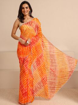 Libas - Orange Leheriya Printed Saree with Unstitched Blouse