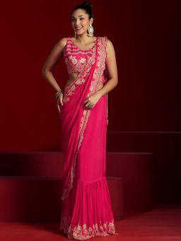 Libas Art - Pink Solid Pre Draped Saree with Unstitched Blouse