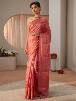 Libas - Pink Floral Woven Design Saree with Unstitched Blouse