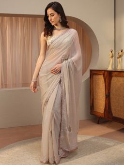 Libas - Taupe Tribal Beads Embellished Saree with Unstitched Blouse
