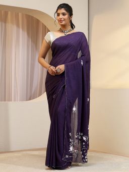 Libas - Purple Floral Beads Embellished Saree with Unstitched Blouse