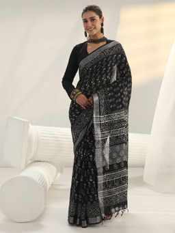 Libas - Black Floral Printed Saree with Unstitched Blouse