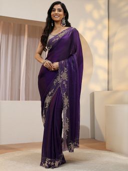 Libas Art - Purple Floral Beads Embellished Saree with Unstitched Blouse