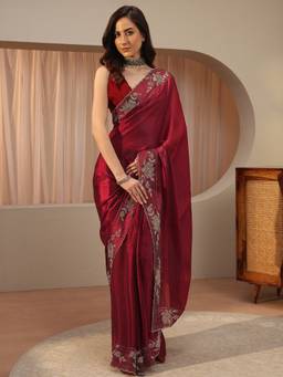 Libas Art - Maroon Floral Beads Embellished Saree with Unstitched Blouse