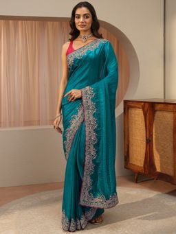 Libas - Blue Zari Embroidered Saree with Unstitched Blouse