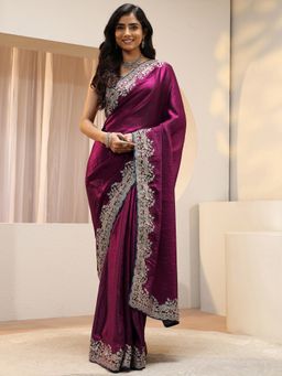 Libas - Burgundy Zari Embroidered Saree with Unstitched Blouse
