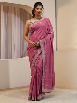 Libas - Pink Floral Embroidered Saree with Unstitched Blouse