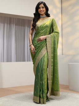 Libas - Green Floral Embroidered Saree with Unstitched Blouse