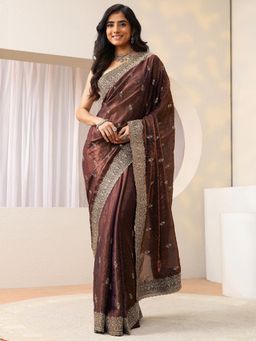 Libas - Brown Floral Embroidered Saree with Unstitched Blouse