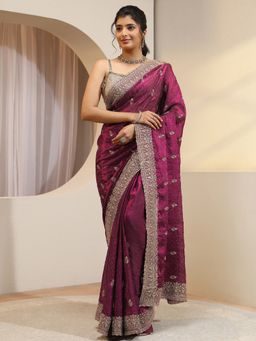 Libas - Burgundy Floral Embroidered Saree with Unstitched Blouse