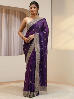 Libas - Purple Floral Embroidered Saree with Unstitched Blouse