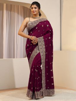 Libas - Maroon Ethnic Motif Embroidered Saree with Unstitched Blouse