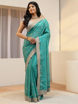 Libas - Turquoise Ethnic Motif Zari Embroiderd Saree with Unstitched Blouse