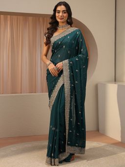 Libas - Teal Ethnic Motif Zari Embroiderd Saree with Unstitched Blouse