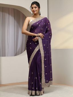 Libas - Purple Ethnic Motif Zari Embroiderd Saree with Unstitched Blouse