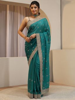 Libas - Green Ethnic Motif Zari Embroiderd Saree with Unstitched Blouse
