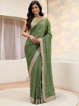 Libas - Green Ethnic Motif Zari Embroiderd Saree with Unstitched Blouse