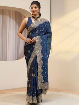 Libas - Blue Ethnic Motif Zari Embroiderd Saree with Unstitched Blouse