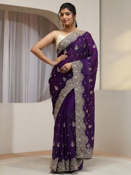 Libas - Purple Ethnic Motif Zari Embroiderd Saree with Unstitched Blouse