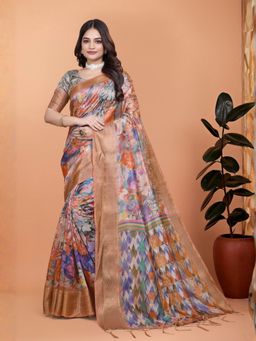 Odette - Multi-Color Cotton Blend Floral Printed Saree with Unstitched Blouse