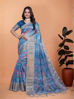 Odette - Light Blue Cotton Blend Printed Saree with Unstitched Blouse