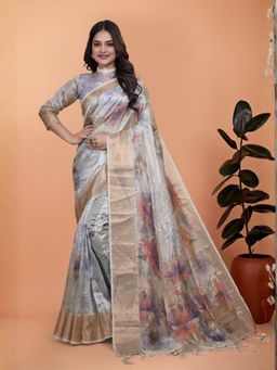 Odette - Ash Grey Cotton Blend Printed Saree with Unstitched Blouse