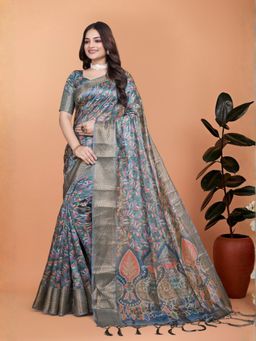 Odette - Blue Greyish Cotton Blend Printed Saree with Unstitched Blouse