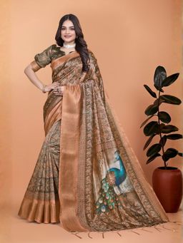 Odette - Copper Brown Cotton Blend Printed Saree with Unstitched Blouse