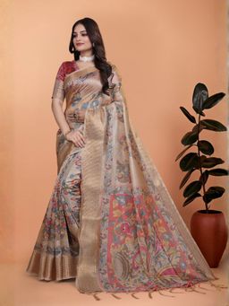 Odette - Beige Cotton Blend Printed Saree with Unstitched Blouse