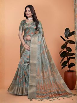 Odette - Sage Green Cotton Blend Printed Saree with Unstitched Blouse