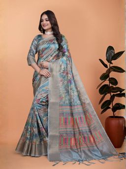 Odette - Pastel Blue Cotton Blend Printed Saree with Unstitched Blouse