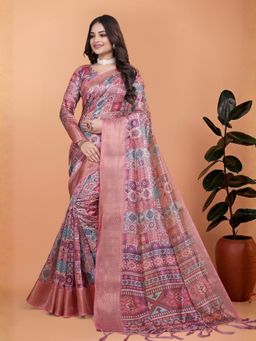 Odette - Dusty Pink Cotton Blend Printed Saree with Unstitched Blouse