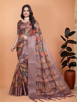 Odette - Mauve Cotton Blend Printed Saree with Unstitched Blouse