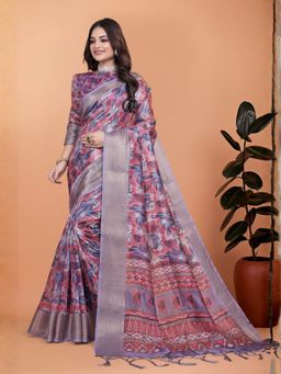 Odette - Lavender Cotton Blend Printed Saree with Unstitched Blouse