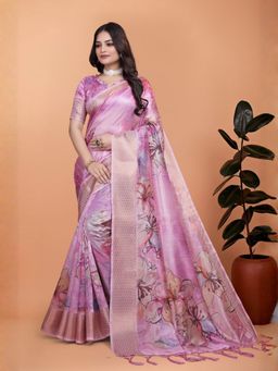 Odette - Pink Cotton Blend Printed Saree with Unstitched Blouse