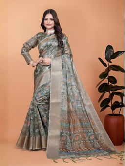 Odette - Olive Cotton Blend Printed Saree with Unstitched Blouse