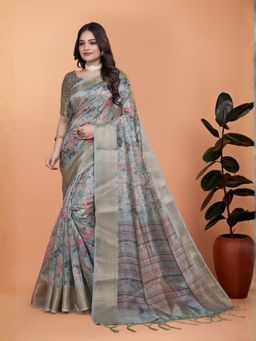 Odette - Grey Cotton Blend Printed Saree with Unstitched Blouse