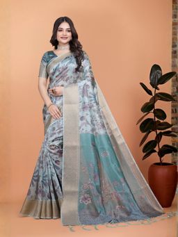 Odette - Light Blue Cotton Blend Printed Saree with Unstitched Blouse