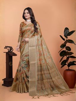 Odette - Beige Gold Cotton Blend Printed Saree with Unstitched Blouse