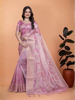 Odette - Dusty Pink Cotton Blend Printed Saree with Unstitched Blouse